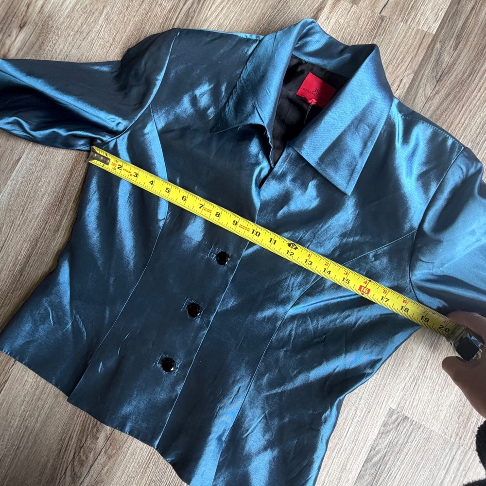Vintage Teal Blue Iridescent Metallic Evening Jacket Shimmer Blazer Size 10 - Picture 5 of 6